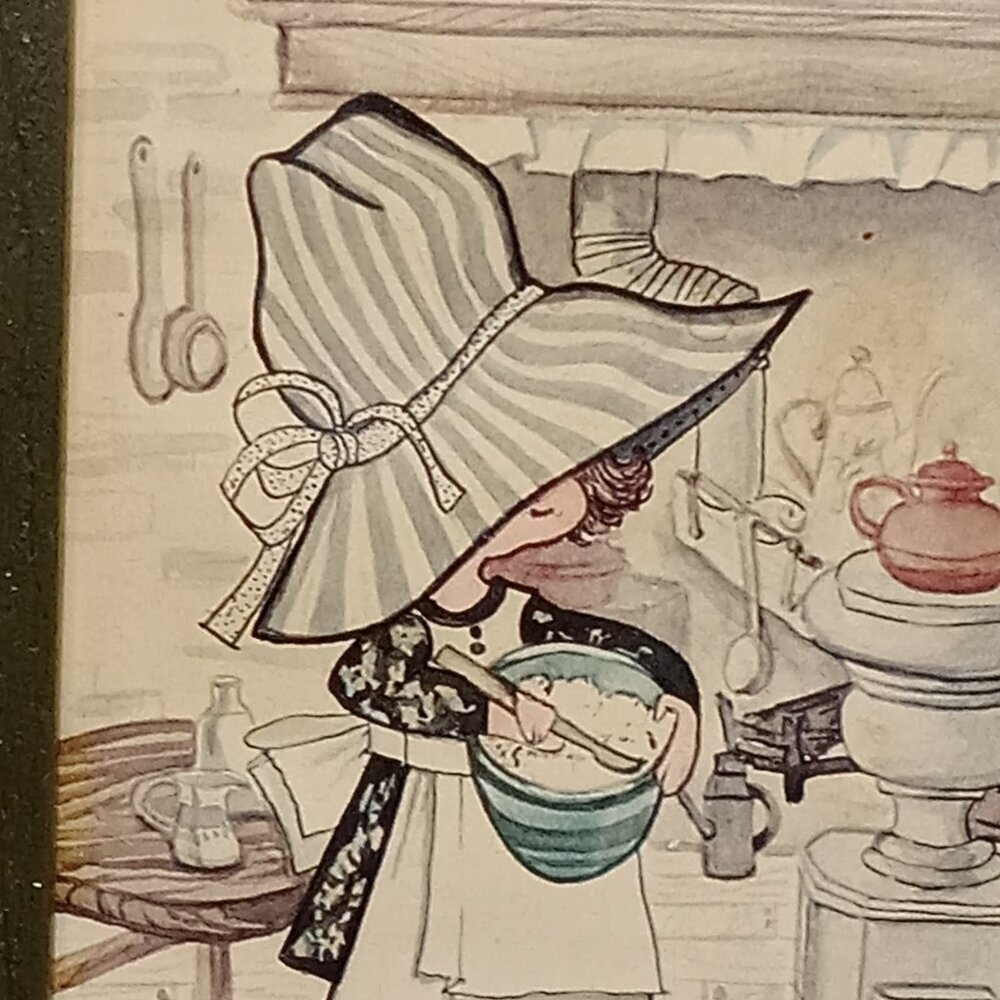 Blue Stripe BONNET GIRL Print Country Little Blessed Kitchen Cats 6.25x5.25" - Picture 3 of 10
